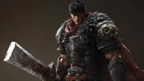 Armored swordsman rendered in high-detail 3D with worn textures