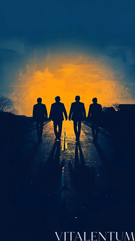 Sunlit silhouettes of four friends stride toward glowing dusk