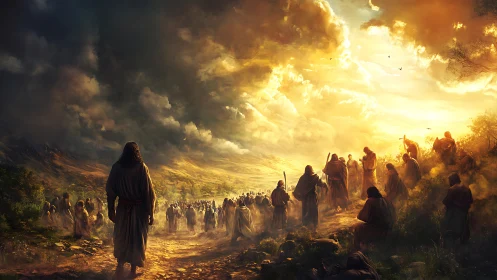 Sunlit prophet walks into a storm of gathering souls