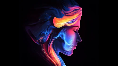 Profile silhouette in multicolored abstract light flows.