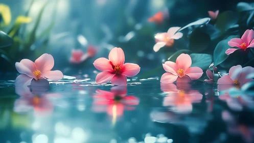 Pink flowers floating on water surface with reflective effect.