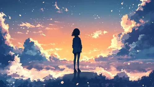 Silhouetted figure above clouds under gradient sunset sky.