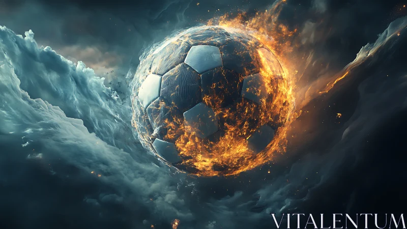 Burning soccer ball tears through stormy dark clouds midair