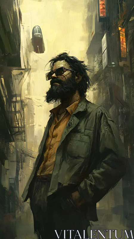 Bearded drifter walks a hazy futuristic alley in muted light