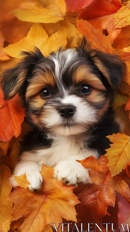 Cute tricolor puppy lying in bright orange autumn leaves.
