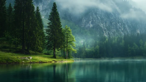 Mist-draped mountains listen quietly to the mirrored lake