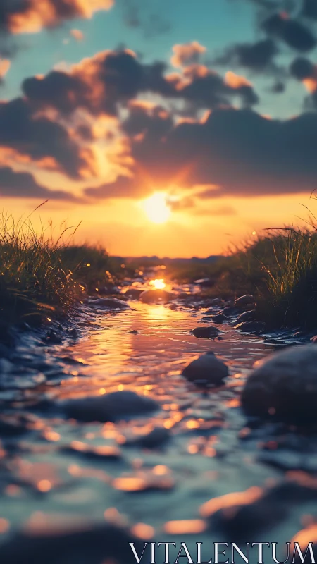 Golden creek sunset where quiet water meets skyfire.