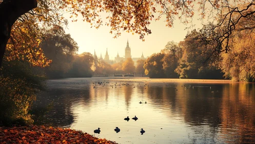 Autumnal riverscape framing neo-gothic skyline at golden hour.