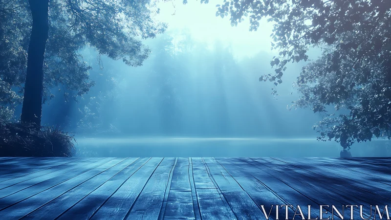 Quiet blue lakeside deck bathed in soft morning light.