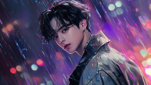 Neon rain wanderer soaking in a midnight city glow.