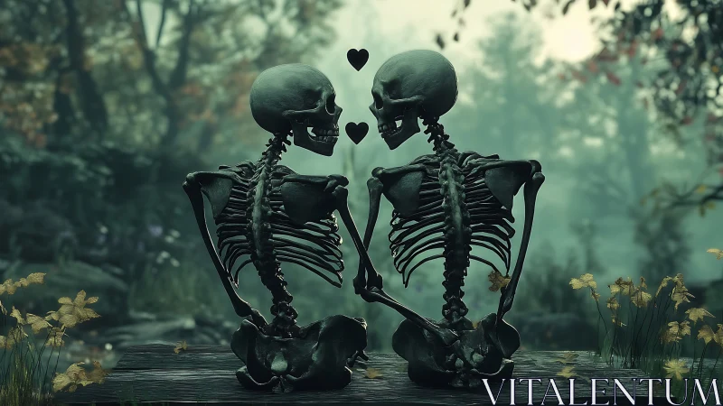 Two skeletons share a quiet romantic moment in nature.