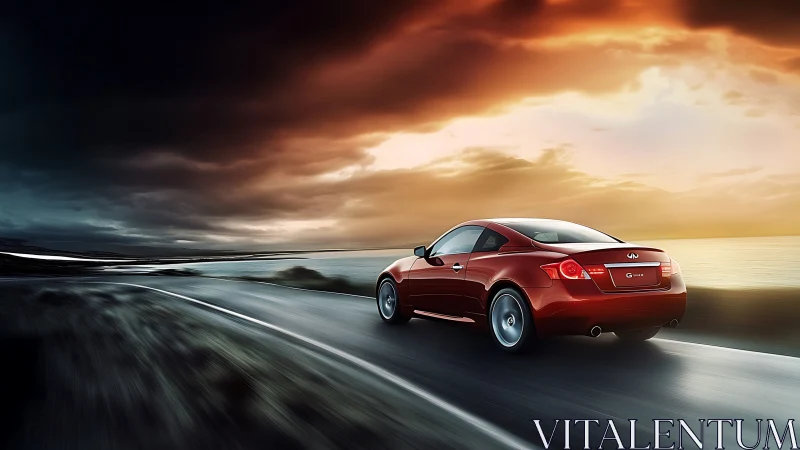 Aerodynamic red coupe accelerating along coastal highway at dusk.