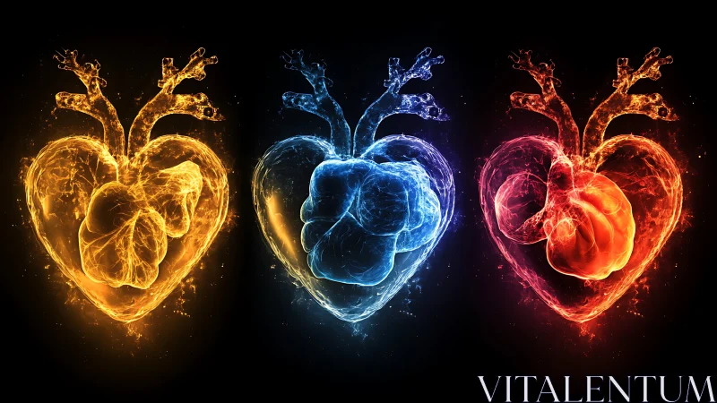 Stylized cardiac anatomy with luminescent overlay.