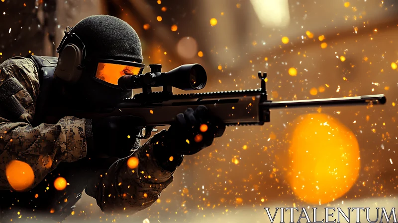 Tactical Sniper Taking Aim with Orange Bokeh Effects