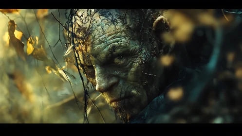 Forest creature emerges from shadows with intense gaze.