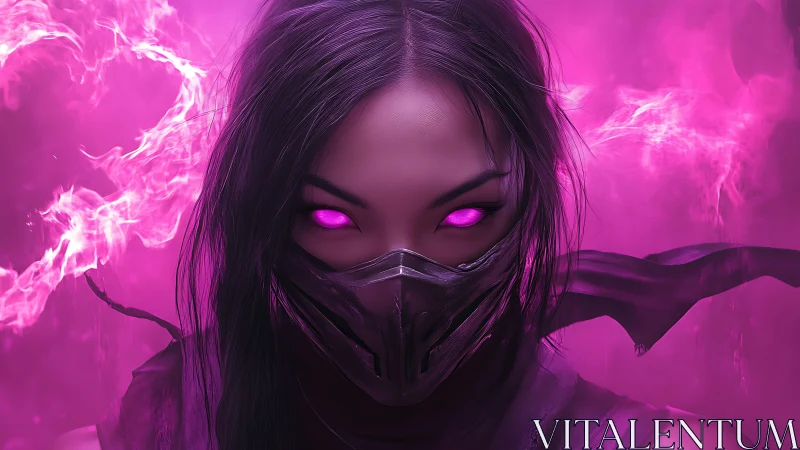 Masked figure with glowing magenta eyes in energy haze.