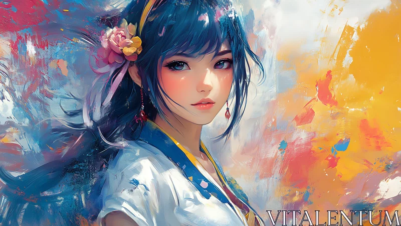 Vivid anime portrait of blue haired girl in abstract color.