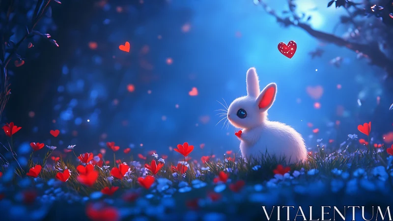 Moonlit meadow bunny cradled in glowing red hearts.