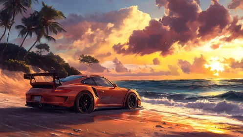 Orange sports car sits on tropical beach at vivid sunset