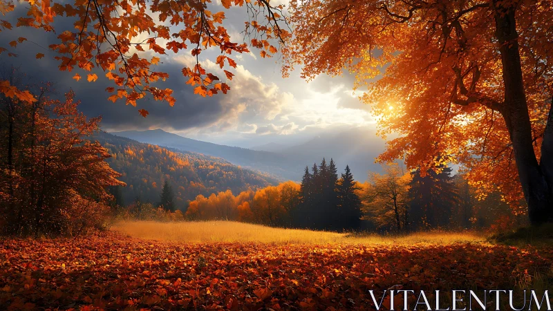 Golden autumn valley glows under dramatic mountain sunset sky