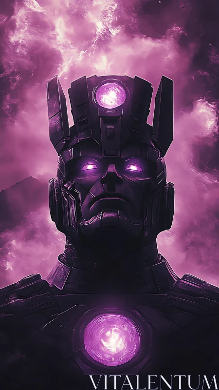 Cosmic armored figure with glowing violet energy cores.