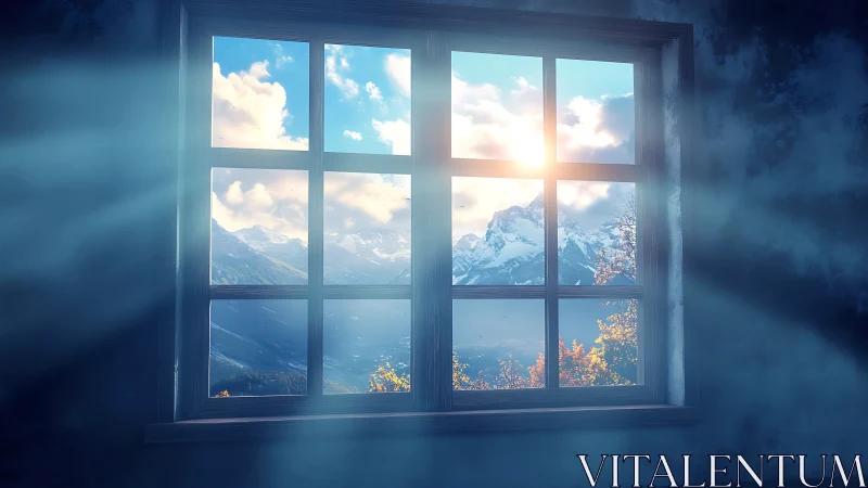 Sunlit alpine mountains glow beyond a quiet frosted window