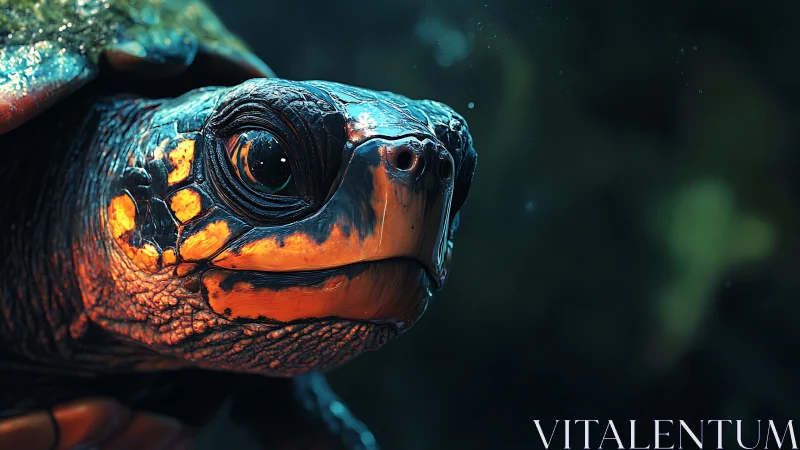 Macro close-up of aquatic turtle head with orange bioluminescent glow