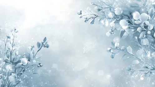 Frost-covered flowering branches with crystalline ice formations and bokeh light particles on pale b