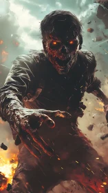 Inferno-eyed undead trooper storms through falling embers.