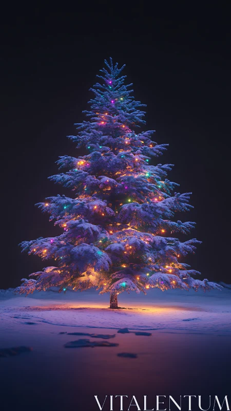Snow covered evergreen tree with multicolored lights at night.