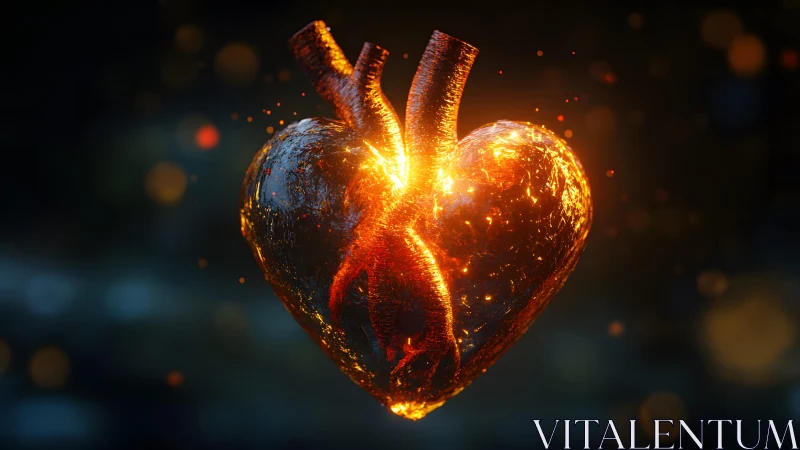 Glowing Anatomical Heart in Fiery Digital Art Style.