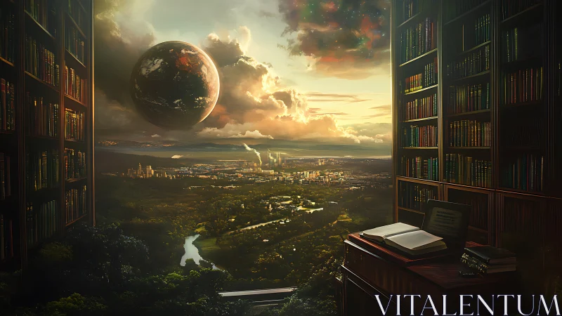 Planetary-scale landscape observed from a vaulted library window overlooking city