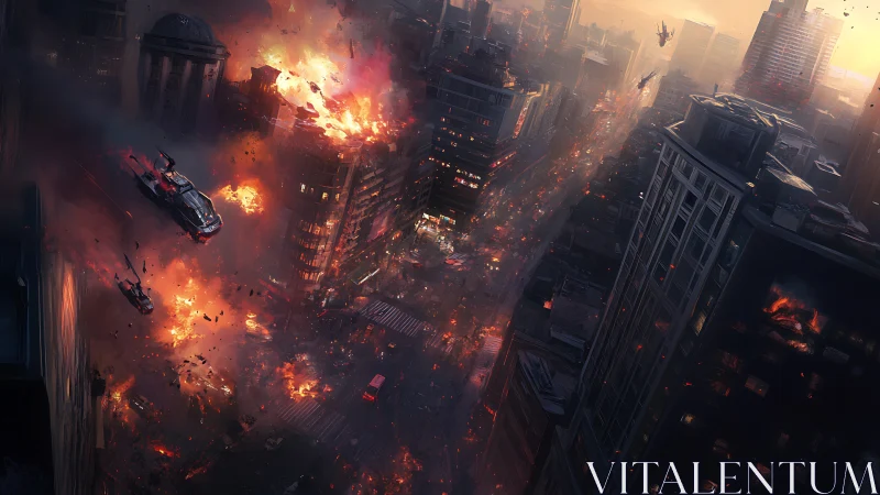 Fiery futuristic city under siege in a dramatic night sky.