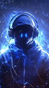 Hooded headphone figure with blue electric glow in void.