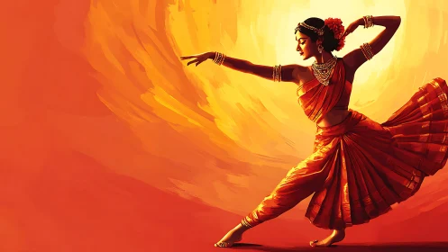 Classical Indian dancer in radiant orange digital artwork.