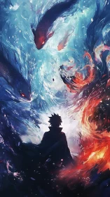 Backlit silhouette faces elemental vortex with spectral serpents