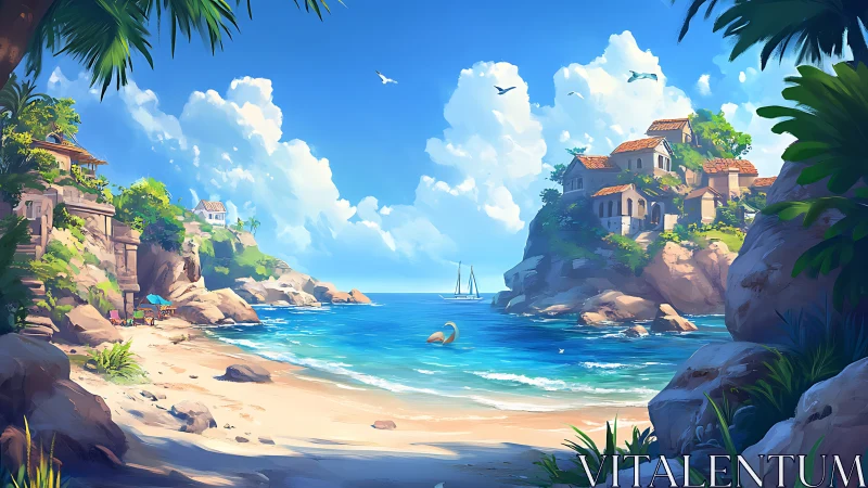 Coastal Paradise: Digital Island Sanctuary with Sailboat.
