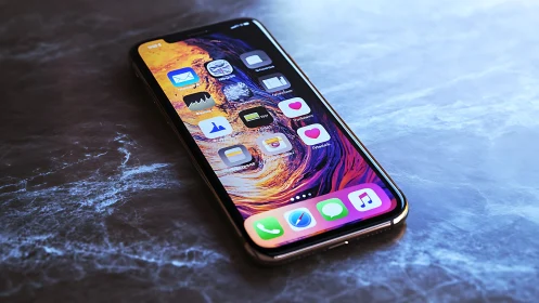 Premium Smartphone Display showcasing iOS interface against textured marble backdrop.
