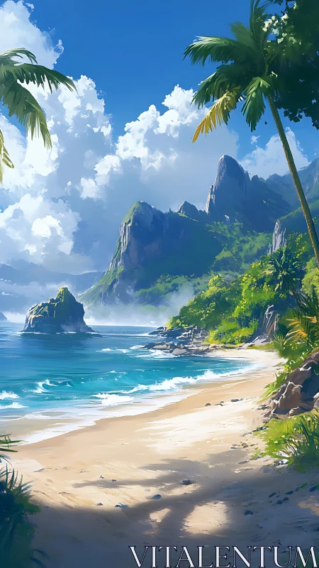 Tropical Coastal Landscape: Rendered Paradise Beach with Vertical Cliff Formations