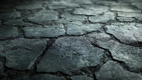 Detailed macro study of cracked stone pavement in low light