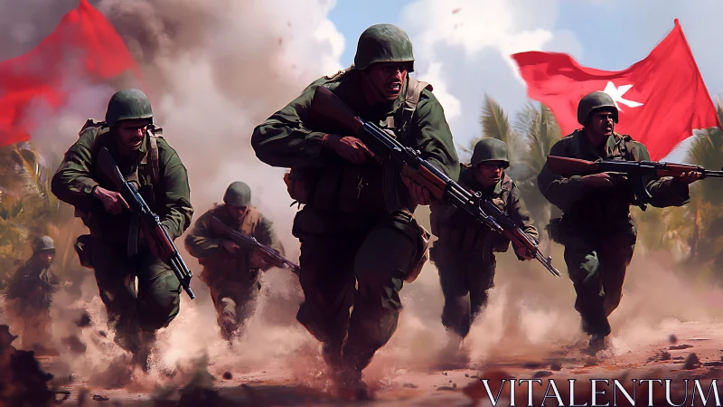 Infantry soldiers advance through smoke with national flags