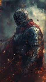 Burning armored knight stands amid swirling embers