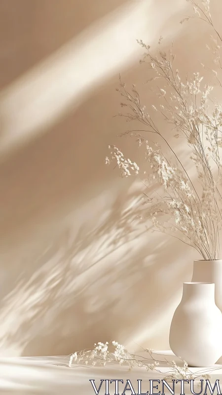 Neutral still life of white vases with dried grass stems.