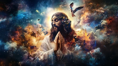 Praying robed figure amid luminous cosmic clouds and doves