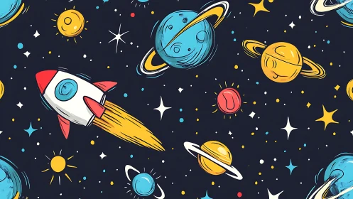 Cartoon rocket and stylized planets repeat across dark space