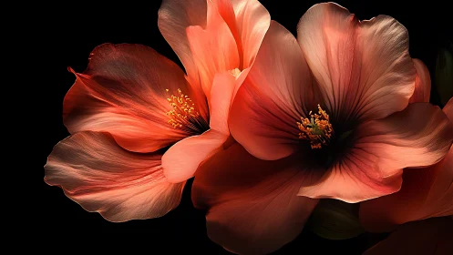 Radiant Red Flowers Bloom with Golden Hearts Against Black