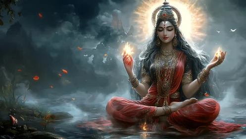 Divine goddess in red sari meditates with radiant elemental flames