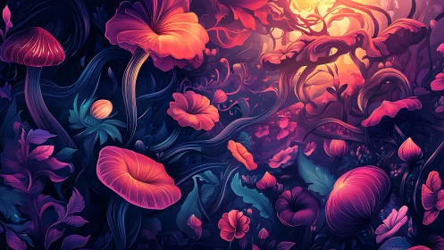 Glowing mushrooms and flowers form dense fantasy forest scene