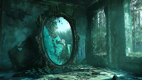Digital painting of decayed hall with ornate portal mirror focus.
