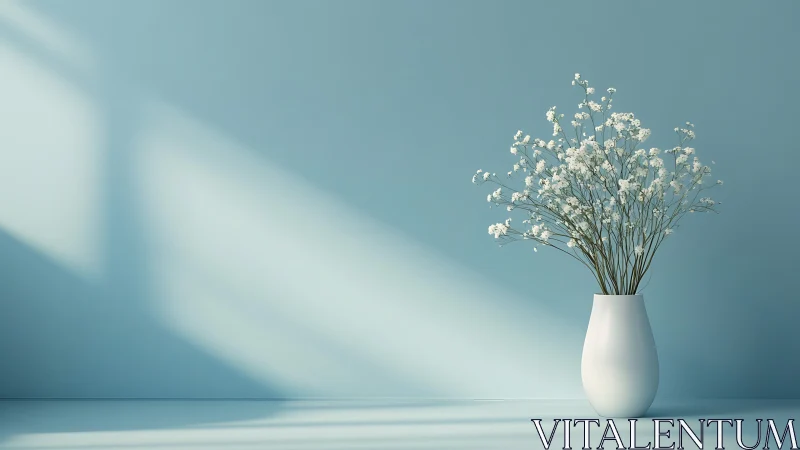White Flowers in Ceramic Vase Against Blue Wall.